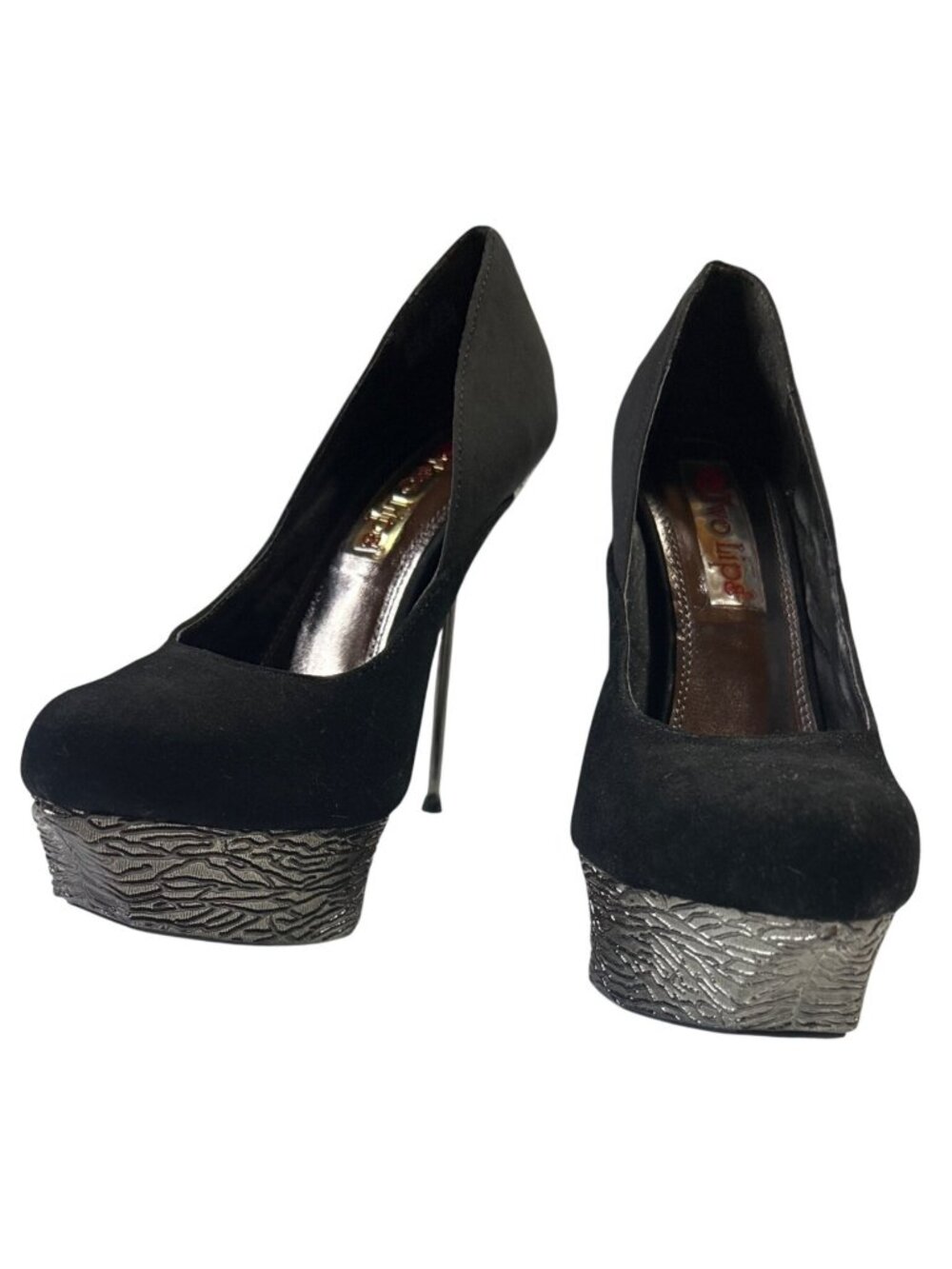 Two Lips Womens Size 6.5 Black Platform Stiletto Heels With Textured Metallic